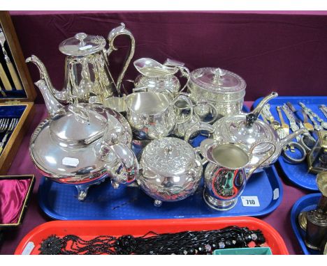 A Broadhead &amp; Atkin Plated Teapot, of plain design with dog finial; together with further tea wares, Walker &amp; Hall Mo