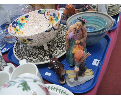 Doulton 'Bridget', (hat chip), Hummel Skier (damaged), three Studio pottery bowls, charger, etc:- One Tray