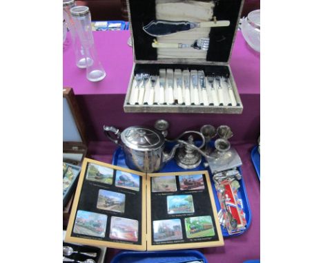 Plated Vesta Case, Dixons Britannia metal teapot, cutlery, etc:- One Tray