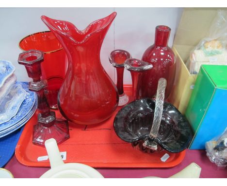 Ruby Glass Candlestick, fluted basket with clear twist handle, clear glass overlaid bottle vase etc:- One Tray