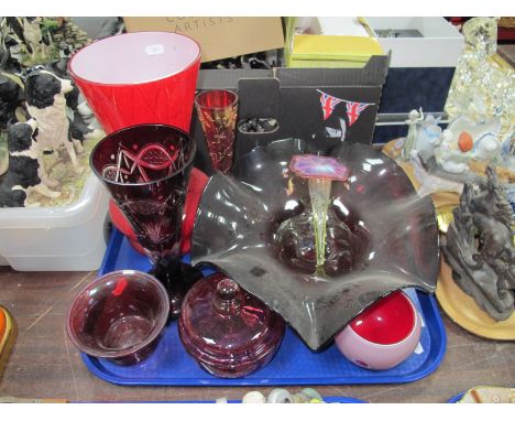 Cranberry Glass Powder Bowl, posy flute, ruby glass bowl with crimped rim, marbelised vase etc:- One Tray