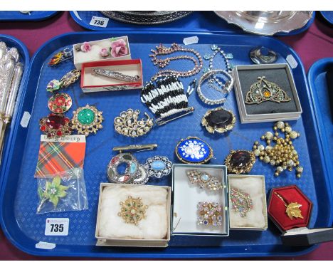Assorted Costume Brooches, including ceramic flowers, "Miracle", etc:- One Tray