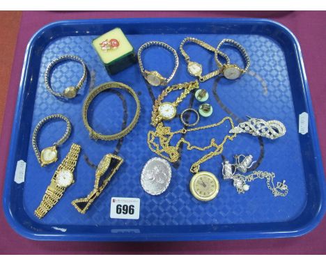 Costume Jewellery, vintage ladies wristwatches, clip earrings, bangle, etc:- One Tray