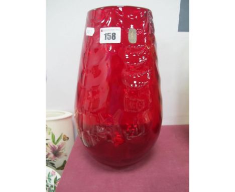 A Whitefriars Glass Ruby 'U' Shaped Wave Ribbed Vase, c 1950's, designed by Geoffrey Baxter paper label, pattern no. 9467, 30