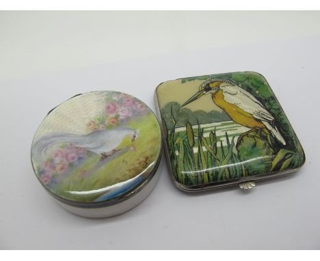An Attractive Hallmarked Silver and Enamel Trinket Pot, of circular from detailed with exotic bird and roses, 4.9cm diameter,