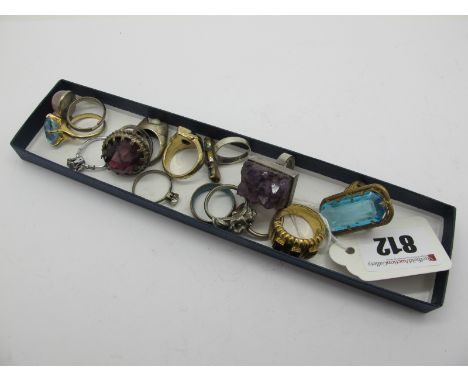 A Modernist Ring, rectangular set with amethyst specimen, together with assorted costume dress rings (finger sizes noted K/O)