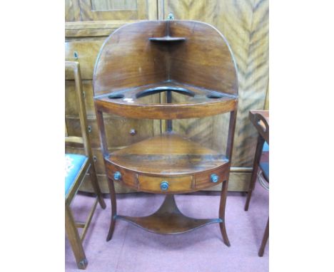 XIX Century Mahogany Corner Washstand, with convex front, small upper shelf, three apertures to bowl shelf, over single and t