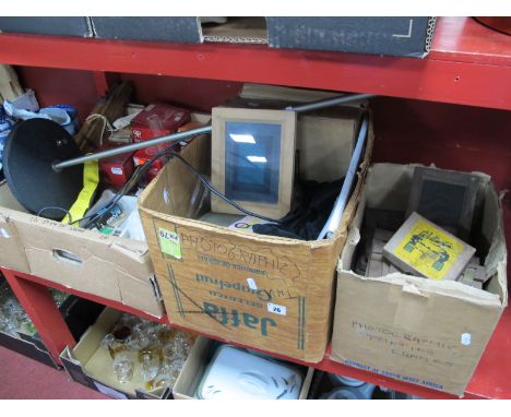 Photographic Items to Include:- Mounting Press, darkroom lamp, plates, glass measures, tripod:- Three Boxes and Spot Lamp.
