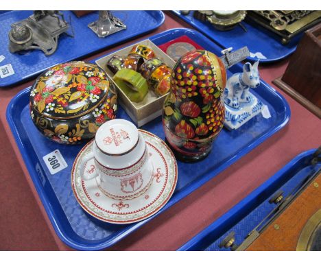 Russian Wooden Graduated Dolls, china coffee cup and saucer, Gzhel dog on cushion, six enamel napkin rings, Chinese token, et