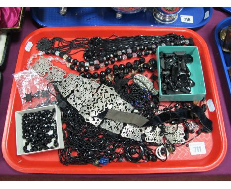 An Openwork Panel Belt, (part/incomplete) of tapered design, stamped "EPNS", black beads, panel links, etc:- One Tray