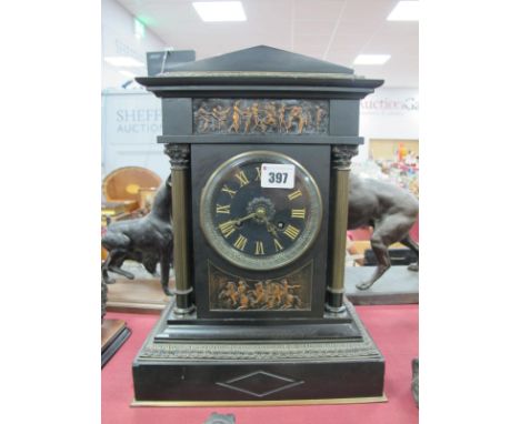 XIX Century Slate Cased Mantel Clock, with brass Corinthian columns, classical scene to upper panel, 8-Day movement, 35cm hig