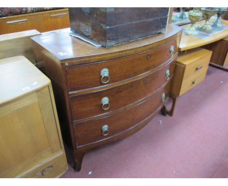 XIX Century Mahogany Bow Front Chest of Three Graduated Drawers, having brass lion ring handles, on splayed feet, approx. 100