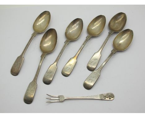 A Set of Six Victorian Hallmarked Silver Fiddle Pattern Teaspoons, Sheffield 1868, initialled; a hallmarked silver fork. (7)