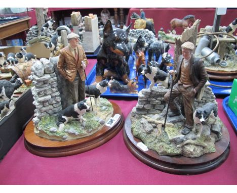 Border Fine Arts Figure Group 'Next to Go' B0012 and another 'In the Shade', a Shepherd with Two Sheep Dogs by a wall and tre