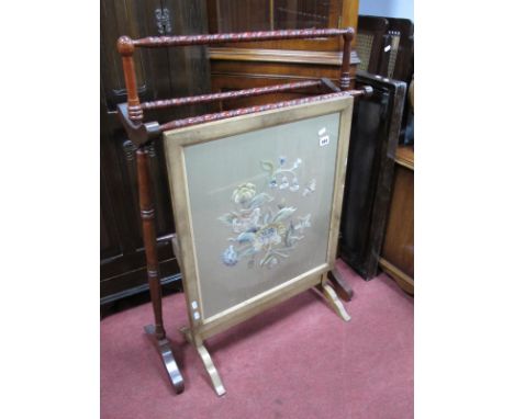 A 1930's Firescreen, having floral needlework panel; modern towel rail. (2)