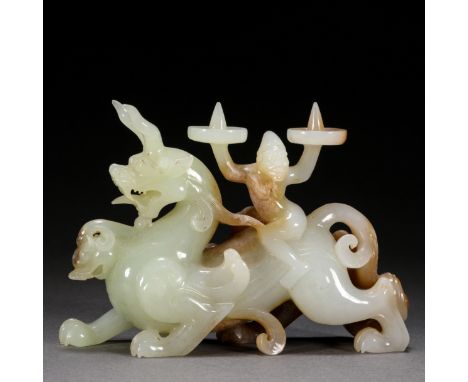 A Chinese Carved Jade Figure with Mythical Beast Han Dynasty H 8.5cm; W 12cm; 292g