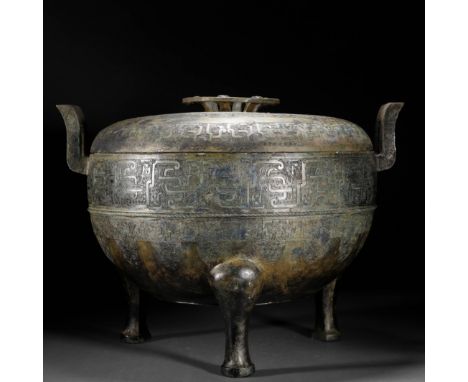 A Chinese Bronze Wine Vessel Ding Han Dynasty H 33.5cm; W 46cm; 17kg