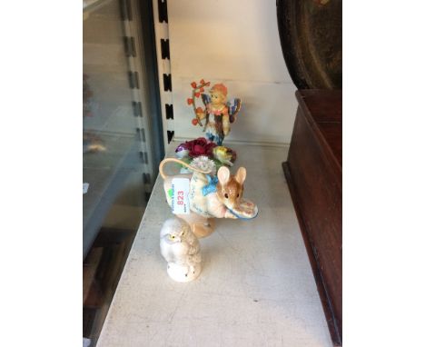 FOUR ORNAMENTS  INC BORDER FINE ARTS BEATRIX POTTER 'APPLEY DAPPLY', GOEBEL OWL, ETC