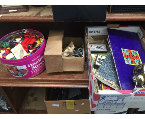 A TIN OF LEGO, VIBRO ELECTRIC AND A BOX OF PLAYING CARDS ETC