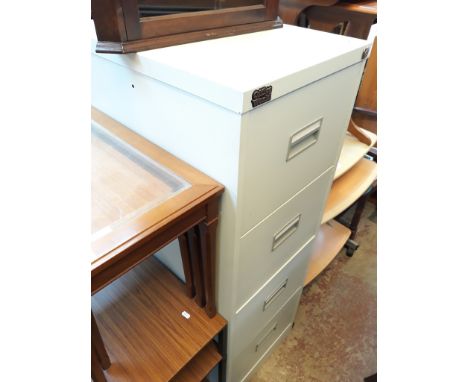 A LIGHT GREY METAL FILING CABINET