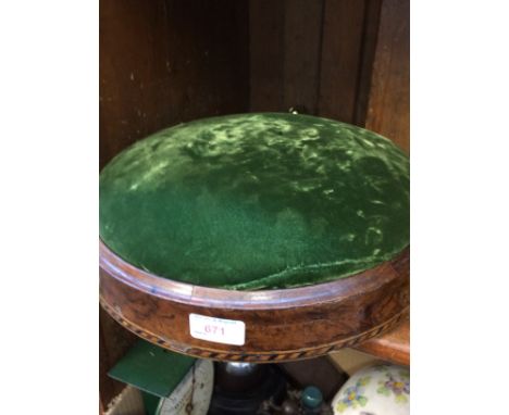 VICTORIAN ROUND STOOL. BRASS FIRE TOOLS AND A PART INKSTAND