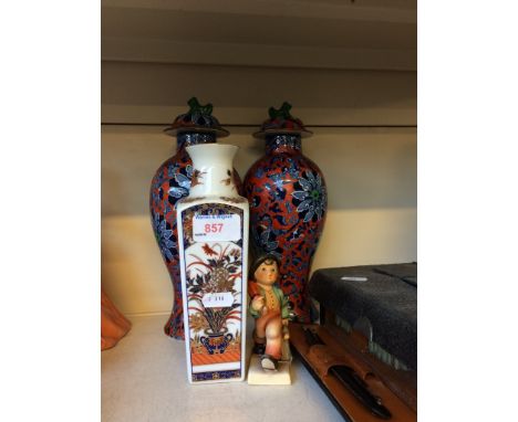 A PAIR OF CHINESE VASES, ANOTHER VASE AND HUMMEL FIGURE G4CONDITION:  MARKS TO BASES AS PICTURED, ONE LID ON VASE CHIPPED AND