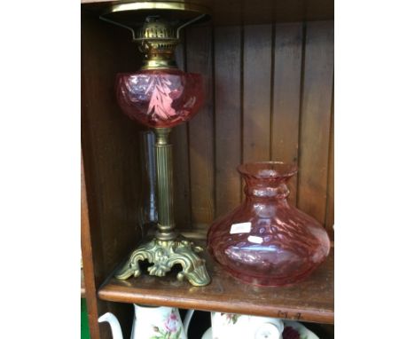 BRASS LAMP WITH CRANBERRY GLASS SHADE AND GLASS FUNNEL