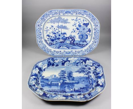 An early 19th Century Enoch Wood &amp; Sons blue and white pottery octagonal meat plate printed with "Lambton Hall, Durham", 