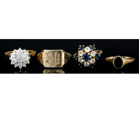 Two 9ct gold mounted "flowerhead" gem set rings, and two 9ct gold signet rings (sizes O, K+, K and R+ - gross weight 14.5 gra