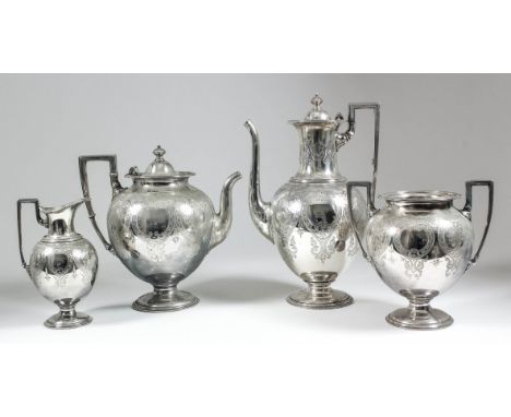 A Victorian silver four-piece tea and coffee service of bulbous form with bead mounts and angular handles, the bodies engrave