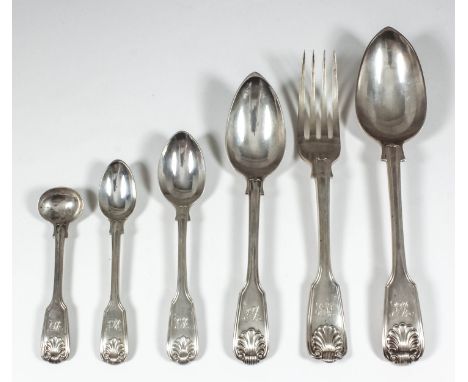 A Victorian silver fiddle thread and shell pattern part table service, comprising - eight table forks, six tea spoons, six co