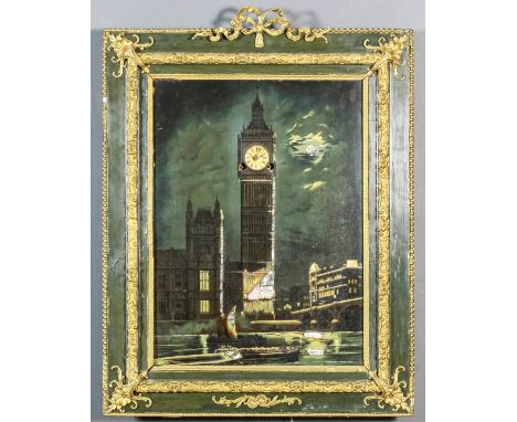 A late 19th Century musical picture clock, the front panel inlaid with mother-of-pearl and decorated with a moon lit view of 