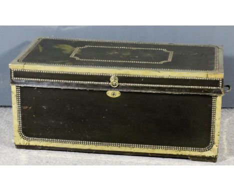 A 19th Century Chinese export&nbsp;green leather covered and brass bound camphor wood rectangular trunk with brass studding, 