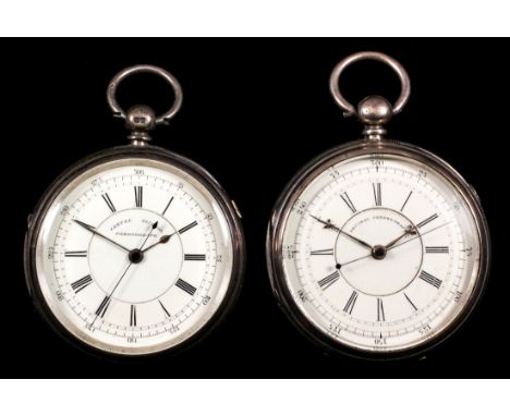 Two late Victorian silver cased open faced centre second chronographs Nos. 60053 and 52730, the white enamel dials with Roman