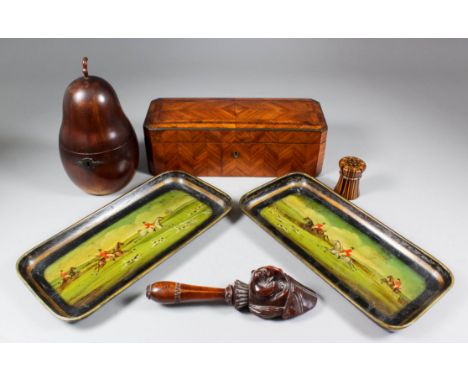 A turned fruitwood pear shaped tea caddy, 7.5ins high, a French kingwood rectangular glove box with fall front, 10.25ins x 4i
