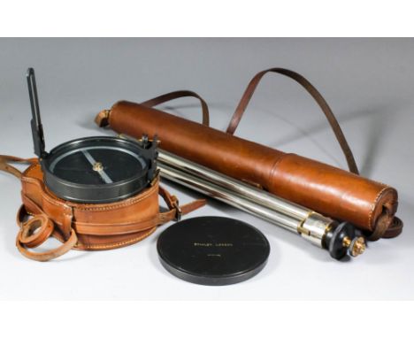 A japanned metal cased sighting compass by Stanley of London, contained in original brown leather case, and black japanned an