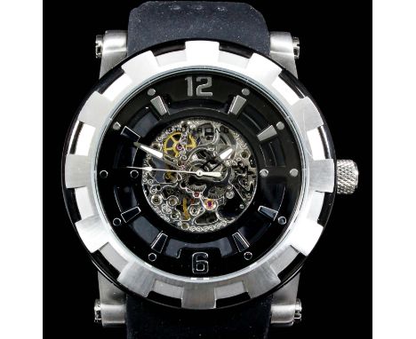 A gentleman's automatic wristwatch by Stührling, the black dial with Arabic and numeral batons with silver case, 45mm diamete