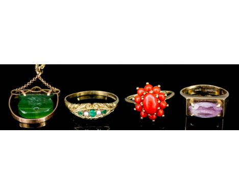 Three 9ct gold mounted gem set dress rings, and a yellow coloured metal mounted jade pendant (gross weight 13.2 grammes)