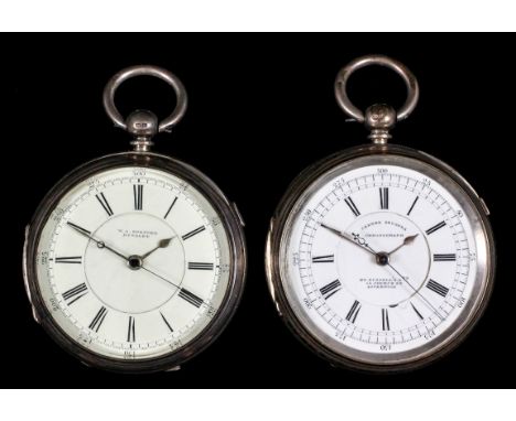 Two late Victorian silver open faced chronographs, one by W.A. Spencer of Hindley, No. 85811, the white enamel dial with Roma
