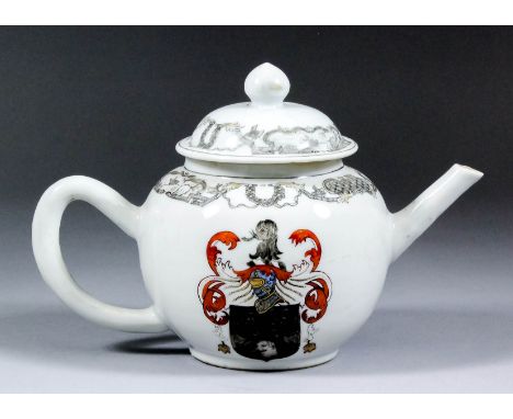 A good Chinese Export armorial porcelain spherical tea pot and cover, boldly decorated in coloured enamels and gilt with the 