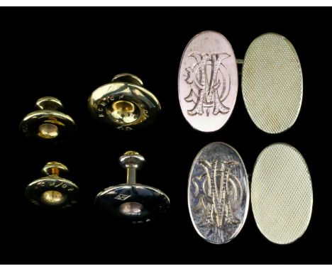A pair of gentleman's 9ct gold oval cufflinks, the oval faces engraved with monogram and engine turned ornament, by Owen Powe