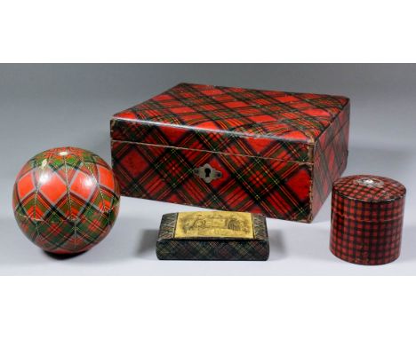 A late 19th Century Tartanware rectangular workbox in the Stuart Tartan, the interior advertising "Chadwick's Sewing Cotton",