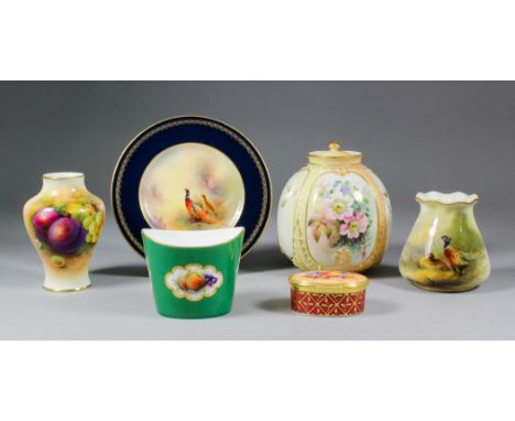 Six pieces of Royal Worcester bone china, comprising - small vase painted with pheasants by James Stinton, 1920, 3.25ins high