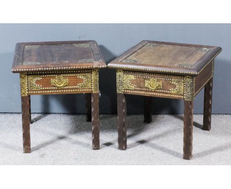 A pair of East African (Zanzibar) hardwood and brass mounted lamp tables to match coffer, each fitted one drawer, 18ins wide 