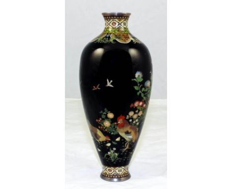 A fine Japanese cloisonne enamel vase, decorated with a cockerel and Pekin chicken amongst flowers and birds, 7.25ins (18.4cm
