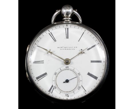 A Victorian silver cased lever pocket watch by Samuel Quilliam of Liverpool, No. 6666, the white enamel dial with Roman numer