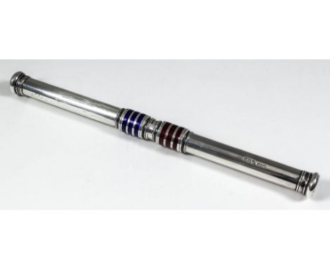 A late Victorian silver and enamel double-ended propelling editing pencil with red and blue enamel bands, 8.5ins overall, by 
