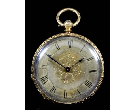 A late 19th/early 20th Century Continental lady's 18k gold cased open faced pocket watch, the gilt dial with engraved centre 