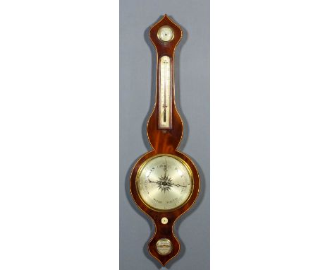 A Victorian mahogany wheel cased barometer, thermometer and hydrometer by Winder of Canterbury with 8ins diameter silvered di