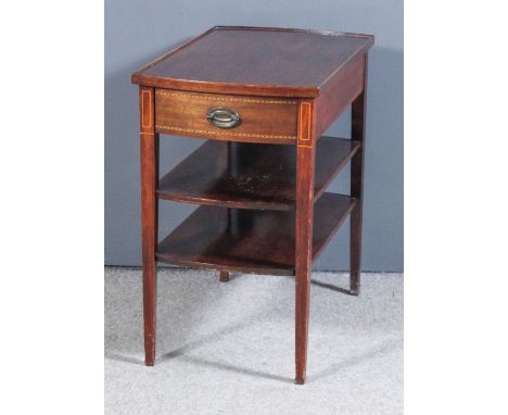 A mahogany rectangular three tier lamp table with bowed ends, fitted one frieze drawer to top tier, inlaid with stringings an